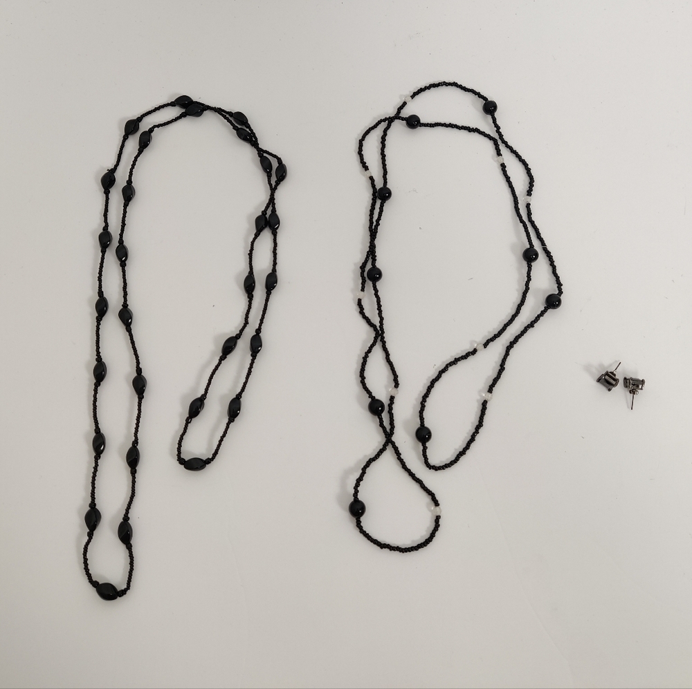 Elegant Black Beaded Necklaces and Square Earrings Set